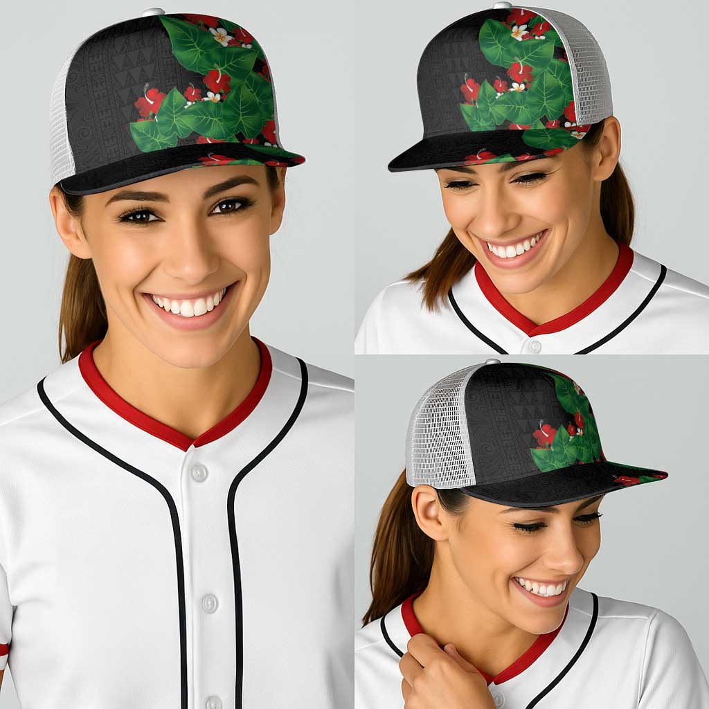 Hawaiian Taro Leaves-Hibiscus and Plumeria Baseball Net Cap Polynesian Art-Kakau Tattoo Black LT03 - Polynesian Pride