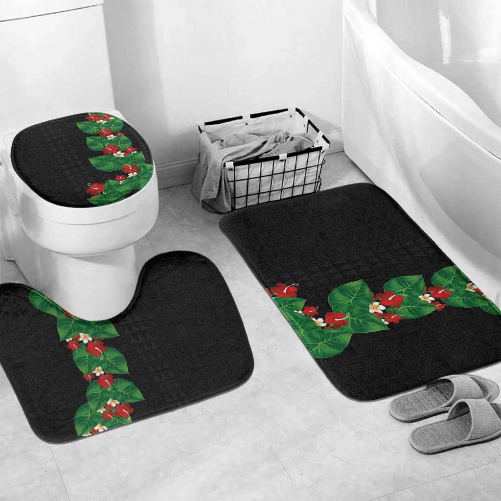 Hawaiian Taro Leaves-Hibiscus and Plumeria Bathroom Set Polynesian Art-Kakau Tattoo Black LT03 Mat Set Only (3 pcs) One Size Black - Polynesian Pride