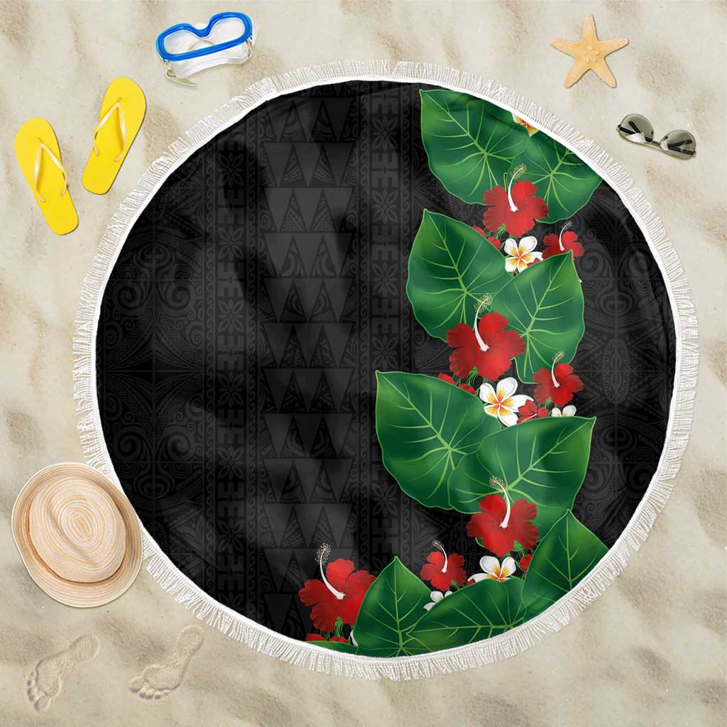 Hawaiian Taro Leaves-Hibiscus and Plumeria Beach Blanket Polynesian Art-Kakau Tattoo Black LT03 One Size 150cm Black - Polynesian Pride