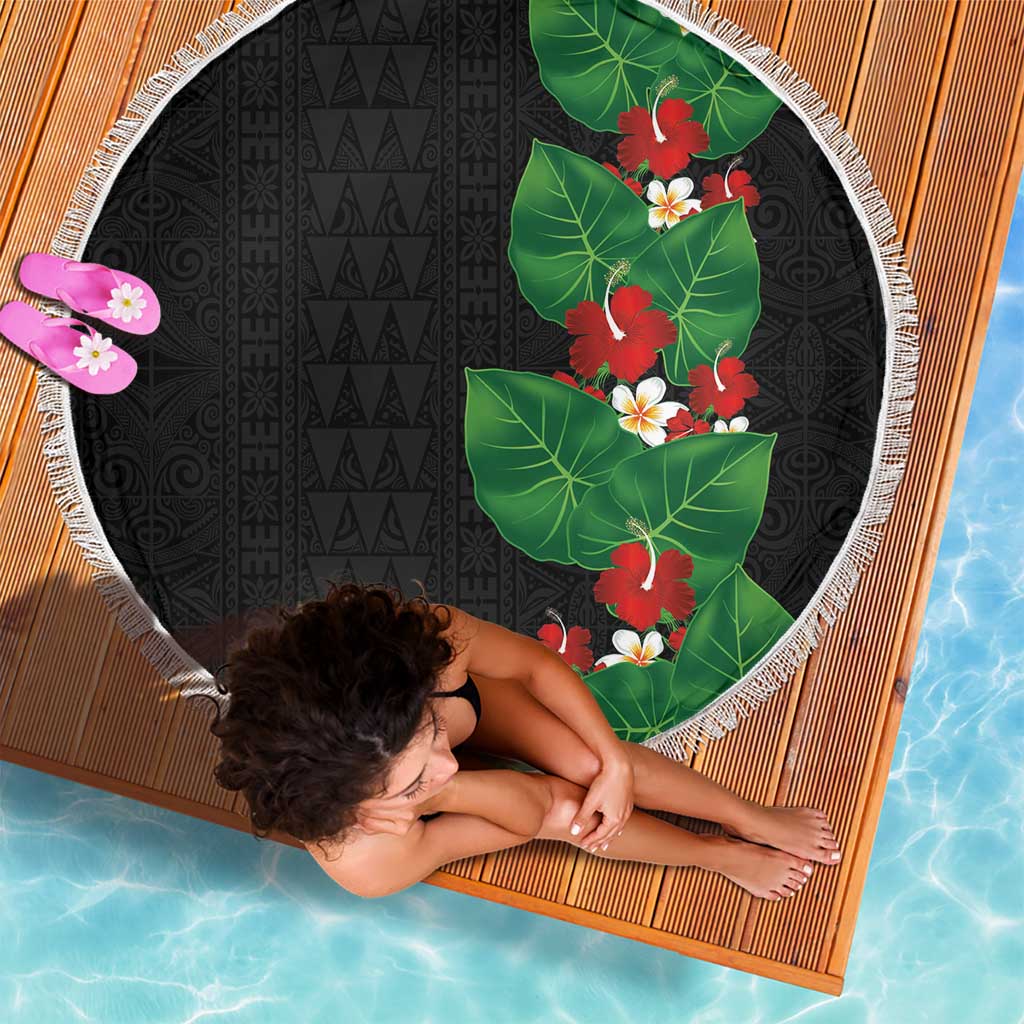 Hawaiian Taro Leaves-Hibiscus and Plumeria Beach Blanket Polynesian Art-Kakau Tattoo Black LT03 - Polynesian Pride