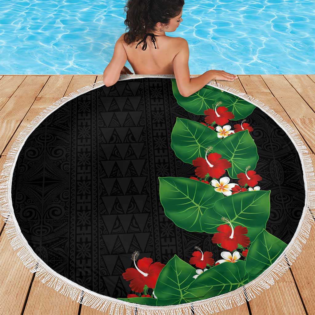 Hawaiian Taro Leaves-Hibiscus and Plumeria Beach Blanket Polynesian Art-Kakau Tattoo Black LT03 - Polynesian Pride