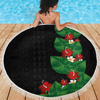 Hawaiian Taro Leaves-Hibiscus and Plumeria Beach Blanket Polynesian Art-Kakau Tattoo Black LT03 - Polynesian Pride