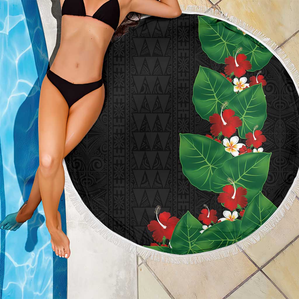 Hawaiian Taro Leaves-Hibiscus and Plumeria Beach Blanket Polynesian Art-Kakau Tattoo Black LT03 - Polynesian Pride