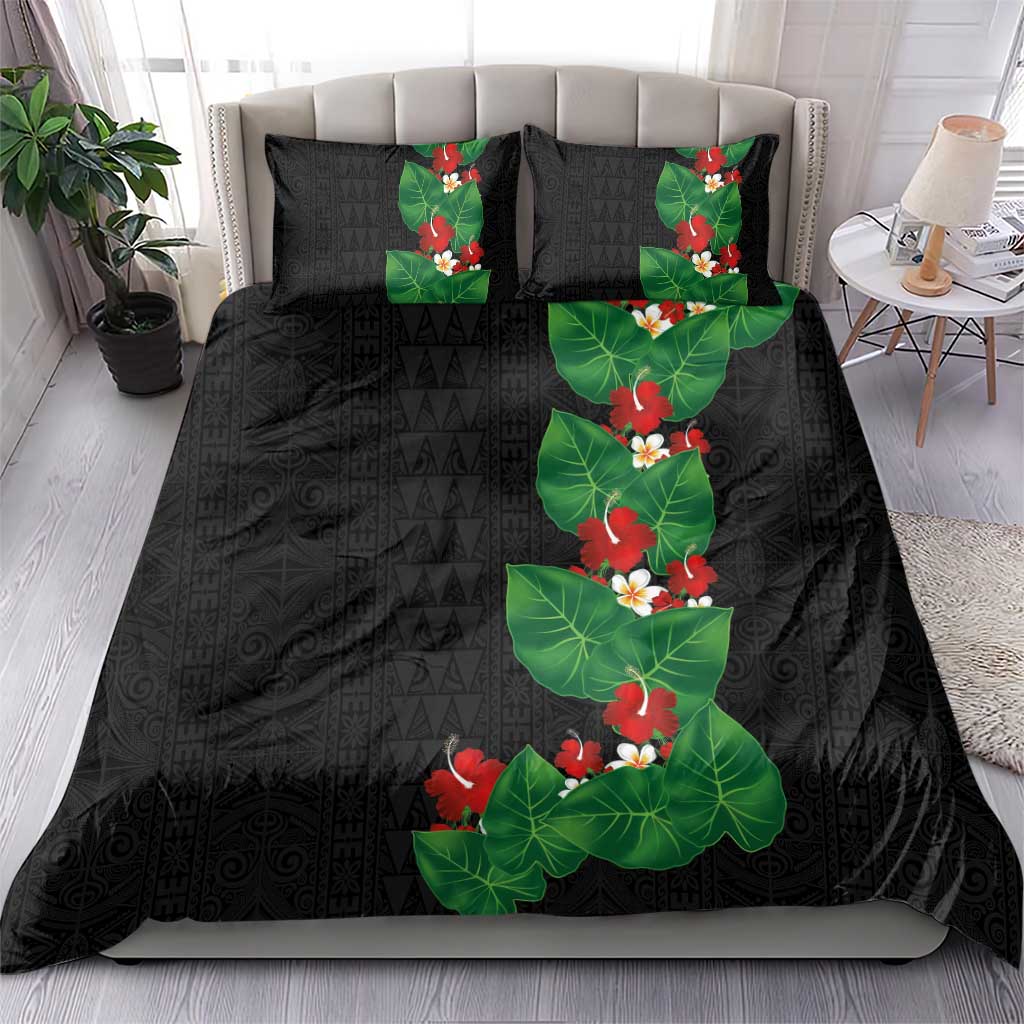 Hawaiian Taro Leaves-Hibiscus and Plumeria Bedding Set Polynesian Art-Kakau Tattoo Black LT03 - Polynesian Pride