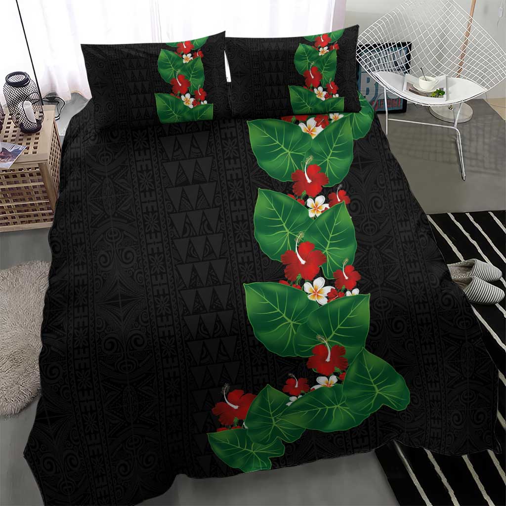 Hawaiian Taro Leaves-Hibiscus and Plumeria Bedding Set Polynesian Art-Kakau Tattoo Black LT03 - Polynesian Pride