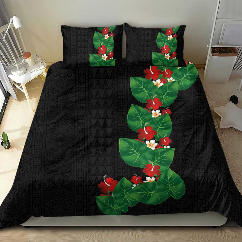 Hawaiian Taro Leaves-Hibiscus and Plumeria Bedding Set Polynesian Art-Kakau Tattoo Black LT03 - Polynesian Pride
