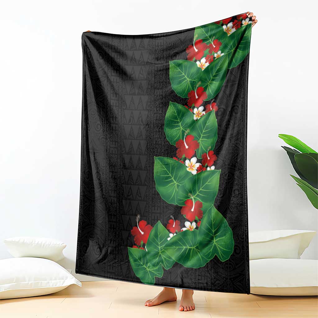 Hawaiian Taro Leaves-Hibiscus and Plumeria Blanket Polynesian Art-Kakau Tattoo Black LT03 - Polynesian Pride