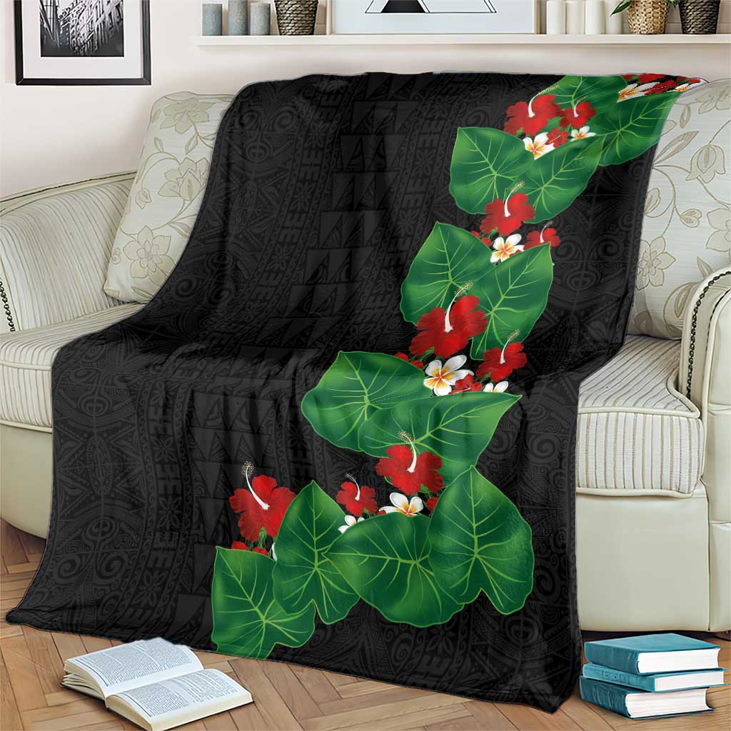 Hawaiian Taro Leaves-Hibiscus and Plumeria Blanket Polynesian Art-Kakau Tattoo Black LT03 - Polynesian Pride