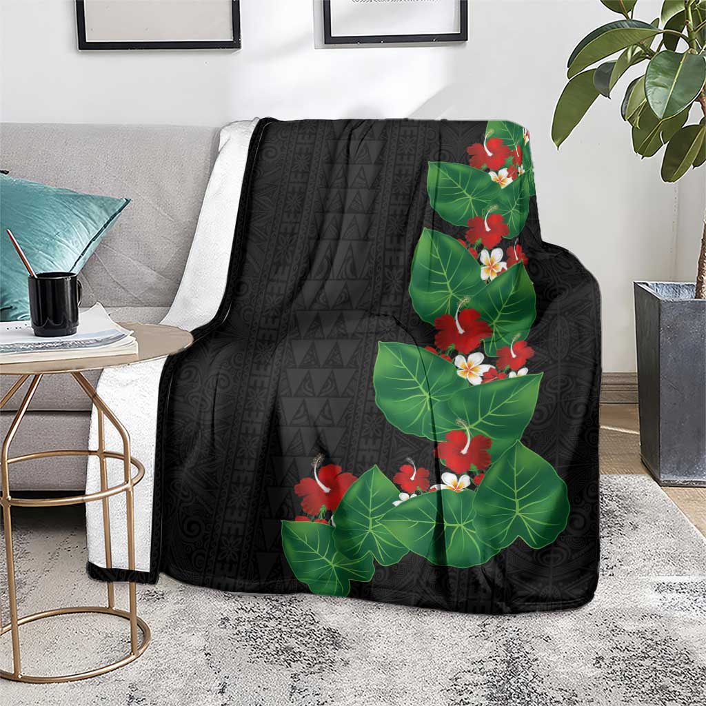 Hawaiian Taro Leaves-Hibiscus and Plumeria Blanket Polynesian Art-Kakau Tattoo Black LT03 - Polynesian Pride