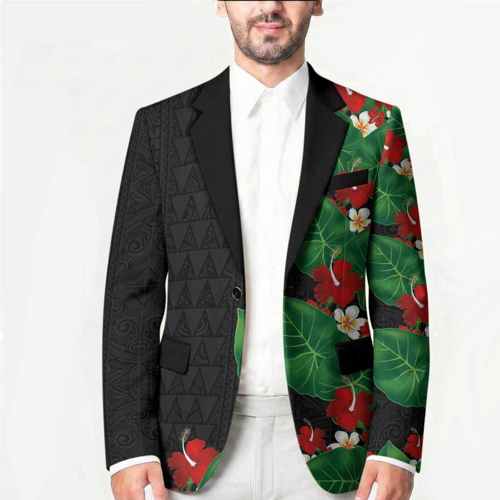 Hawaiian Taro Leaves-Hibiscus and Plumeria Blazer Polynesian Art-Kakau Tattoo Black LT03 - Polynesian Pride