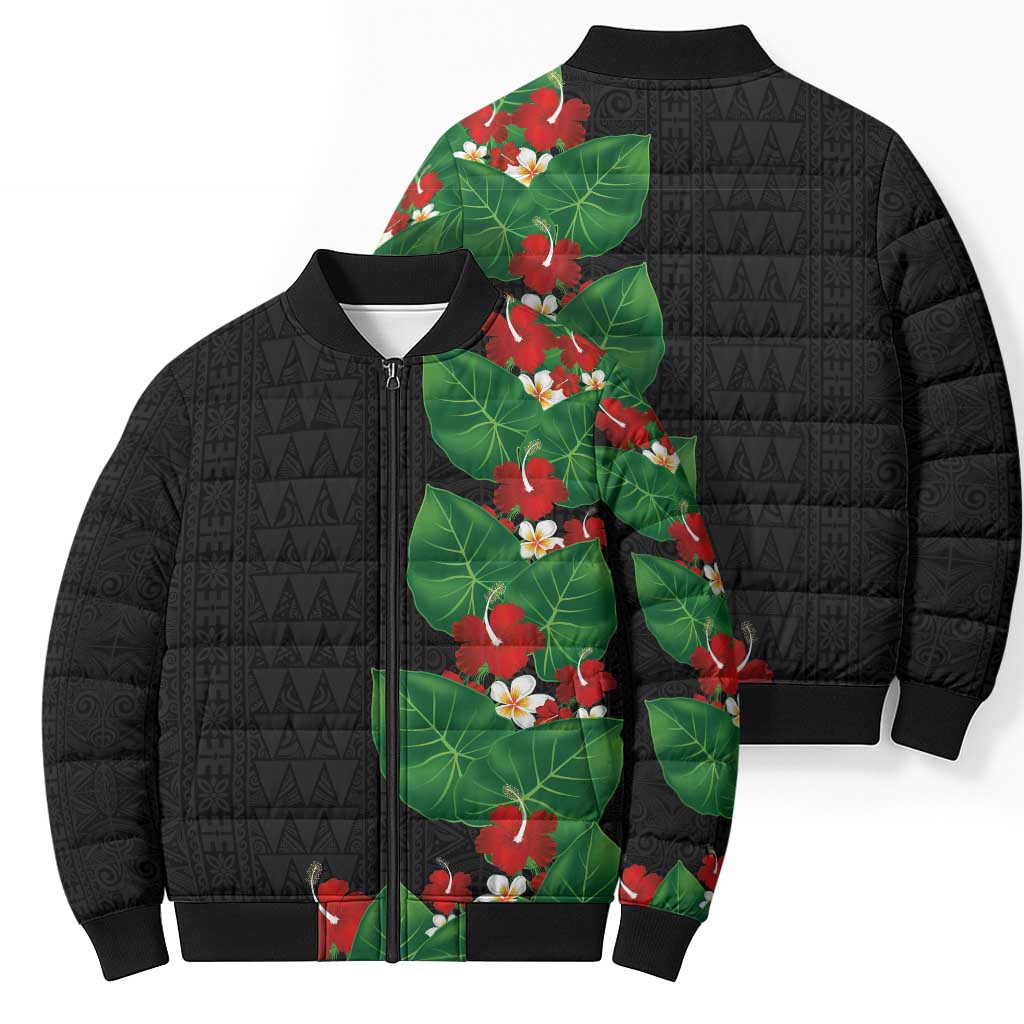 Hawaiian Taro Leaves-Hibiscus and Plumeria Bomber Puffer Jacket Polynesian Art-Kakau Tattoo Black LT03 - Polynesian Pride