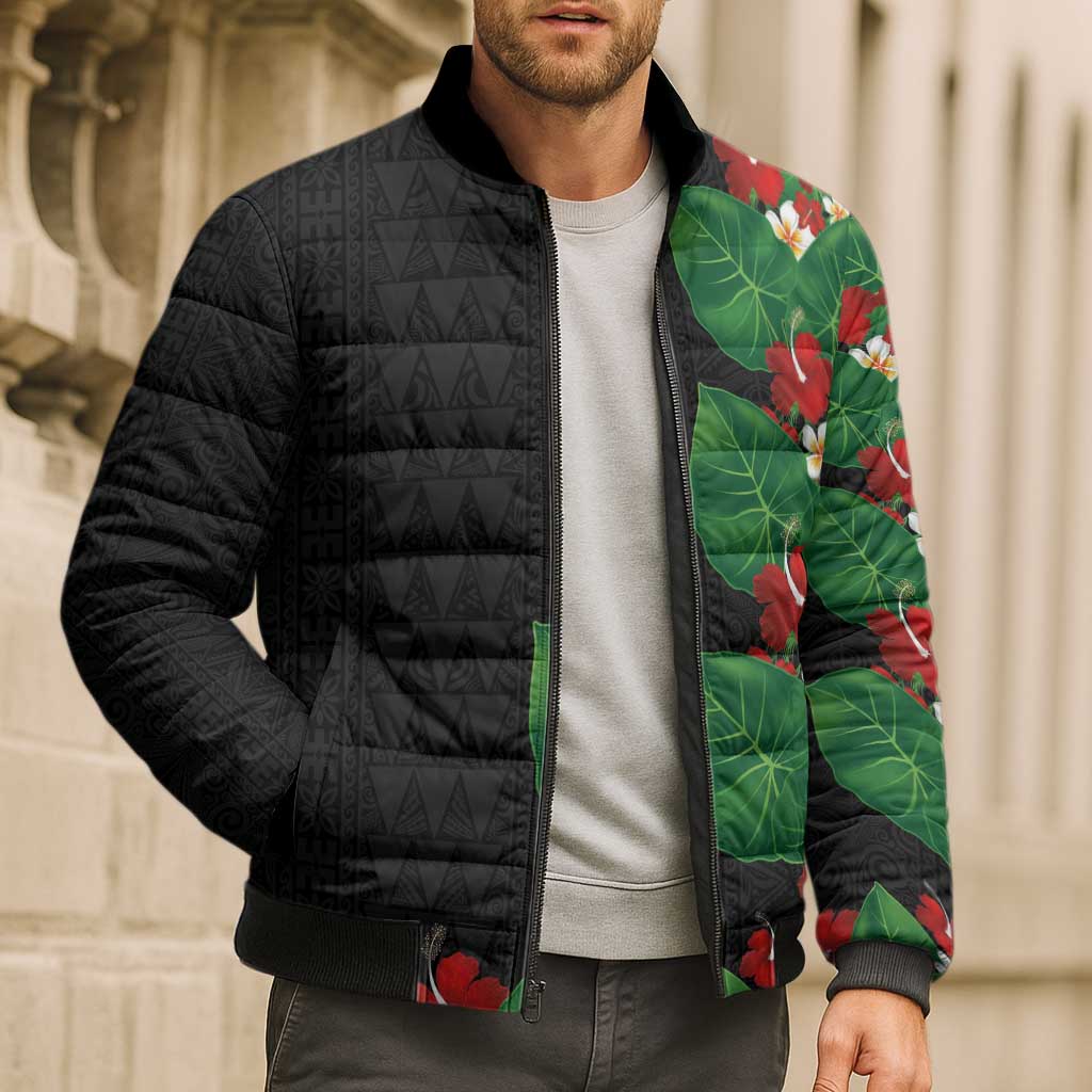 Hawaiian Taro Leaves-Hibiscus and Plumeria Bomber Puffer Jacket Polynesian Art-Kakau Tattoo Black LT03 - Polynesian Pride