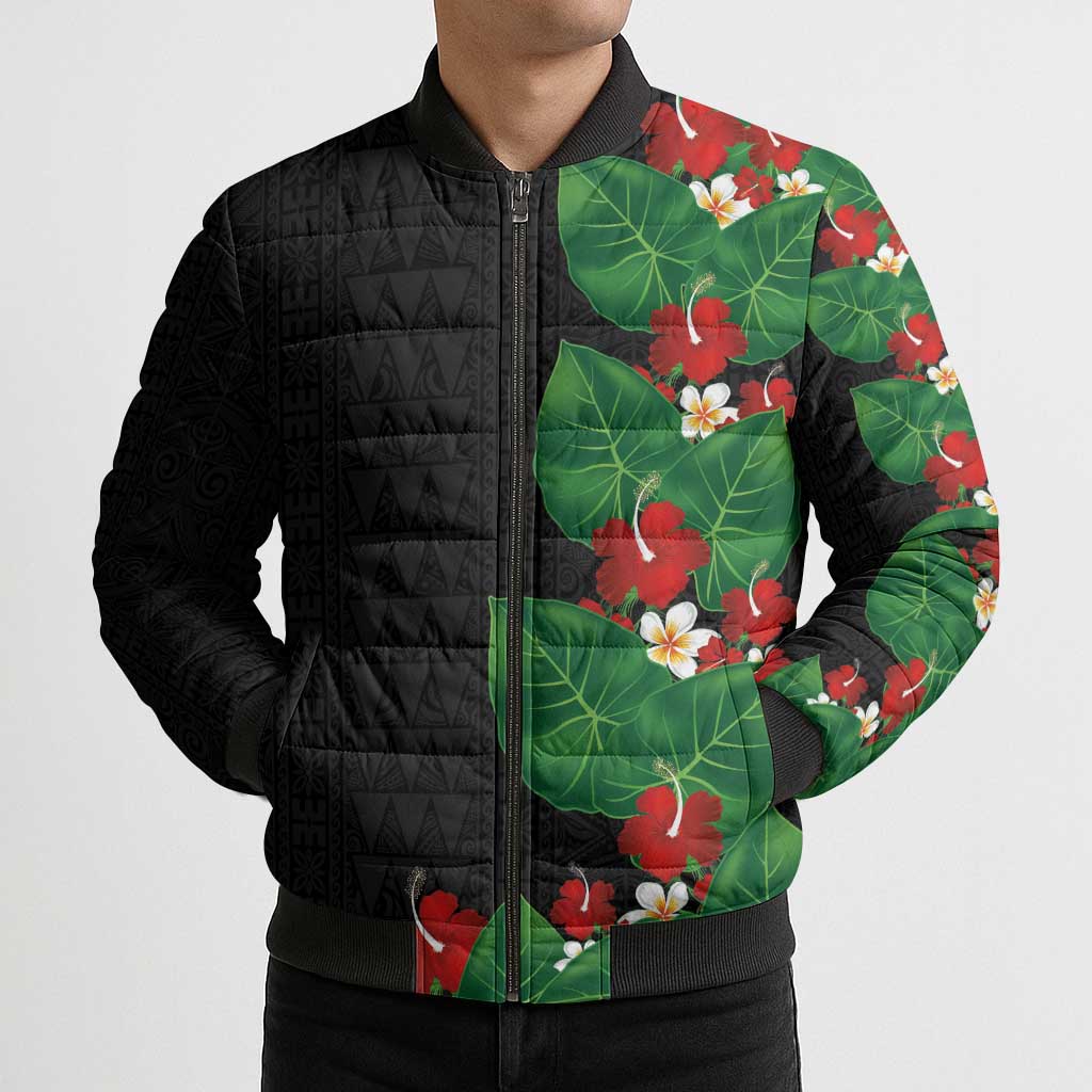 Hawaiian Taro Leaves-Hibiscus and Plumeria Bomber Puffer Jacket Polynesian Art-Kakau Tattoo Black LT03 - Polynesian Pride