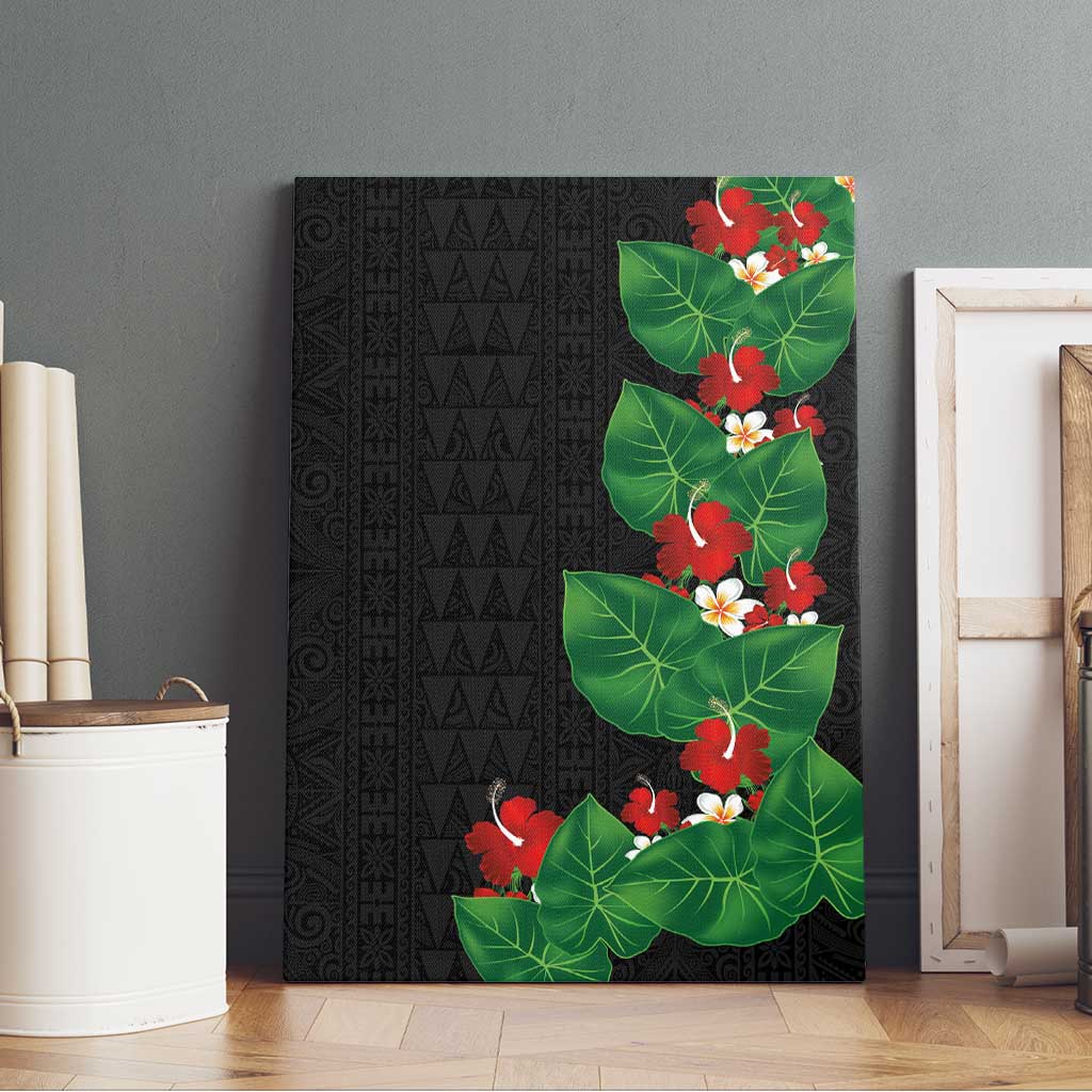 Hawaiian Taro Leaves-Hibiscus and Plumeria Canvas Wall Art Polynesian Art-Kakau Tattoo Black LT03 - Polynesian Pride