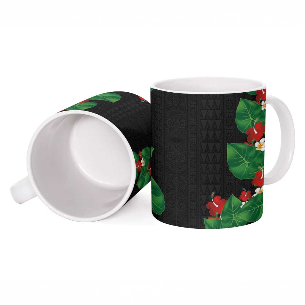 Hawaiian Taro Leaves-Hibiscus and Plumeria Ceramic Mug Polynesian Art-Kakau Tattoo Black LT03 - Polynesian Pride