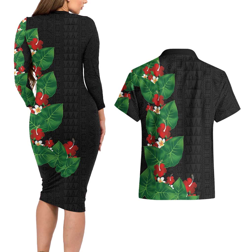 Hawaiian Taro Leaves-Hibiscus and Plumeria Couples Matching Long Sleeve Bodycon Dress and Hawaiian Shirt Polynesian Art-Kakau Tattoo Black LT03 - Polynesian Pride