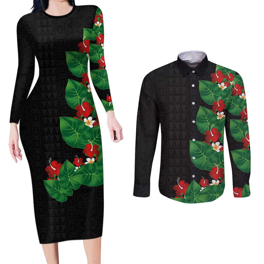 Hawaiian Taro Leaves-Hibiscus and Plumeria Couples Matching Long Sleeve Bodycon Dress and Long Sleeve Button Shirt Polynesian Art-Kakau Tattoo Black