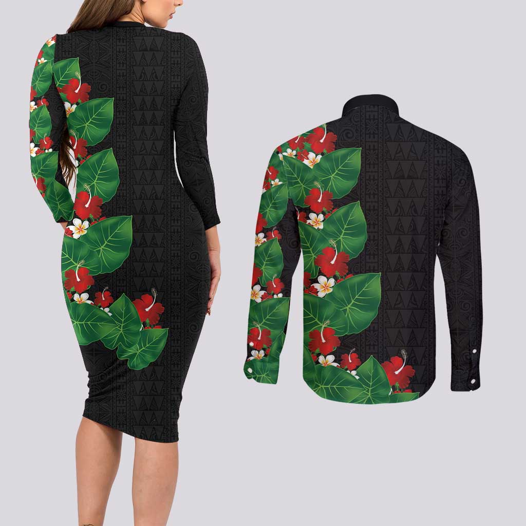 Hawaiian Taro Leaves-Hibiscus and Plumeria Couples Matching Long Sleeve Bodycon Dress and Long Sleeve Button Shirt Polynesian Art-Kakau Tattoo Black LT03 - Polynesian Pride