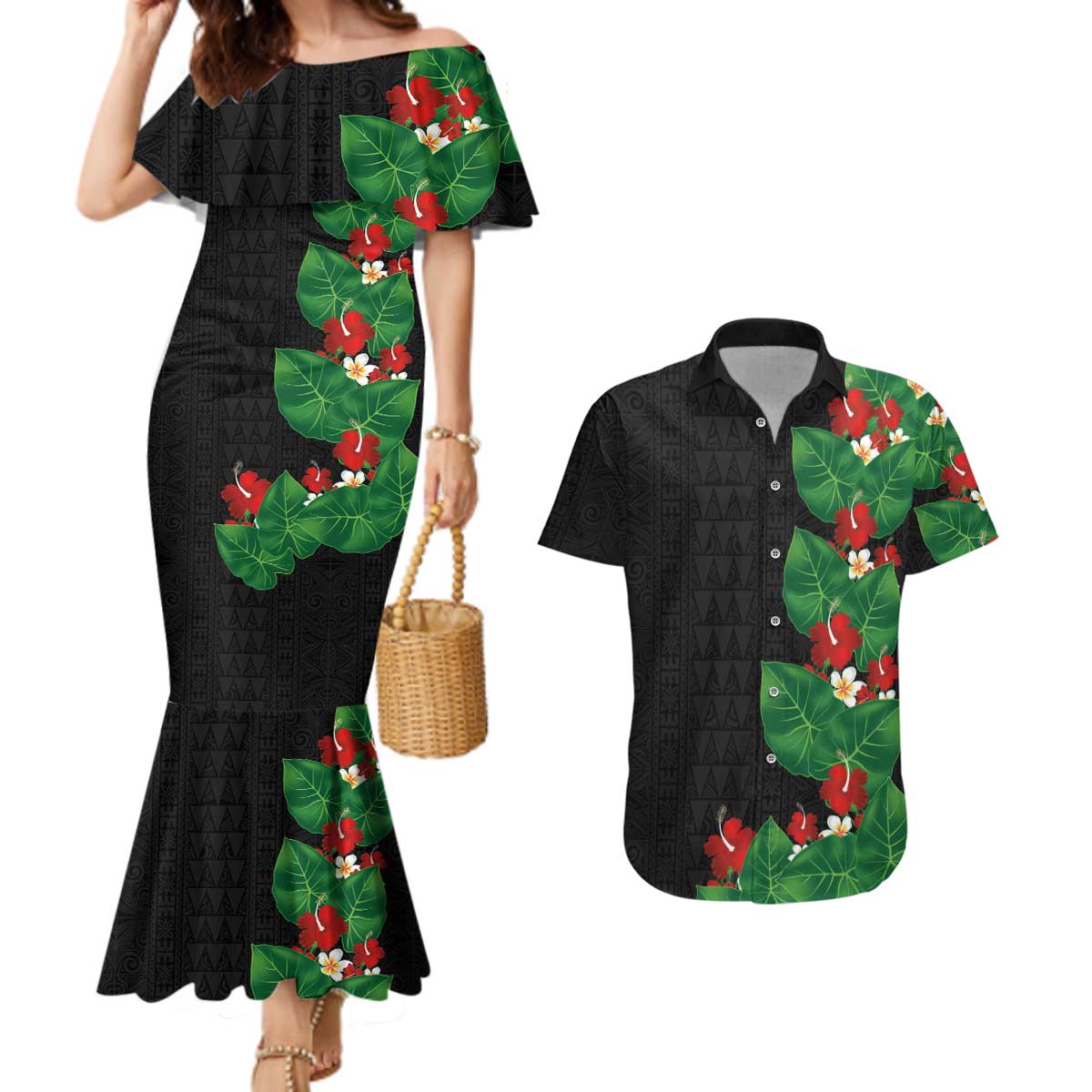 Hawaiian Taro Leaves-Hibiscus and Plumeria Couples Matching Mermaid Dress and Hawaiian Shirt Polynesian Art-Kakau Tattoo Black LT03 Black - Polynesian Pride