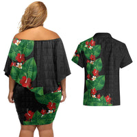 Hawaiian Taro Leaves-Hibiscus and Plumeria Couples Matching Off Shoulder Short Dress and Hawaiian Shirt Polynesian Art-Kakau Tattoo Black LT03 - Polynesian Pride