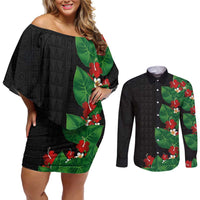 Hawaiian Taro Leaves-Hibiscus and Plumeria Couples Matching Off Shoulder Short Dress and Long Sleeve Button Shirt Polynesian Art-Kakau Tattoo Black LT03 Black - Polynesian Pride