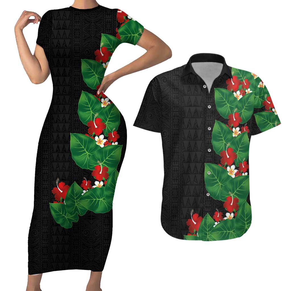 Hawaiian Taro Leaves-Hibiscus and Plumeria Couples Matching Short Sleeve Bodycon Dress and Hawaiian Shirt Polynesian Art-Kakau Tattoo Black LT03 Black - Polynesian Pride