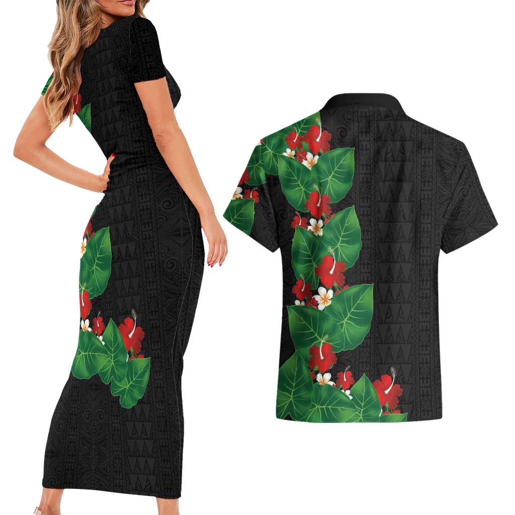 Hawaiian Taro Leaves-Hibiscus and Plumeria Couples Matching Short Sleeve Bodycon Dress and Hawaiian Shirt Polynesian Art-Kakau Tattoo Black LT03 - Polynesian Pride