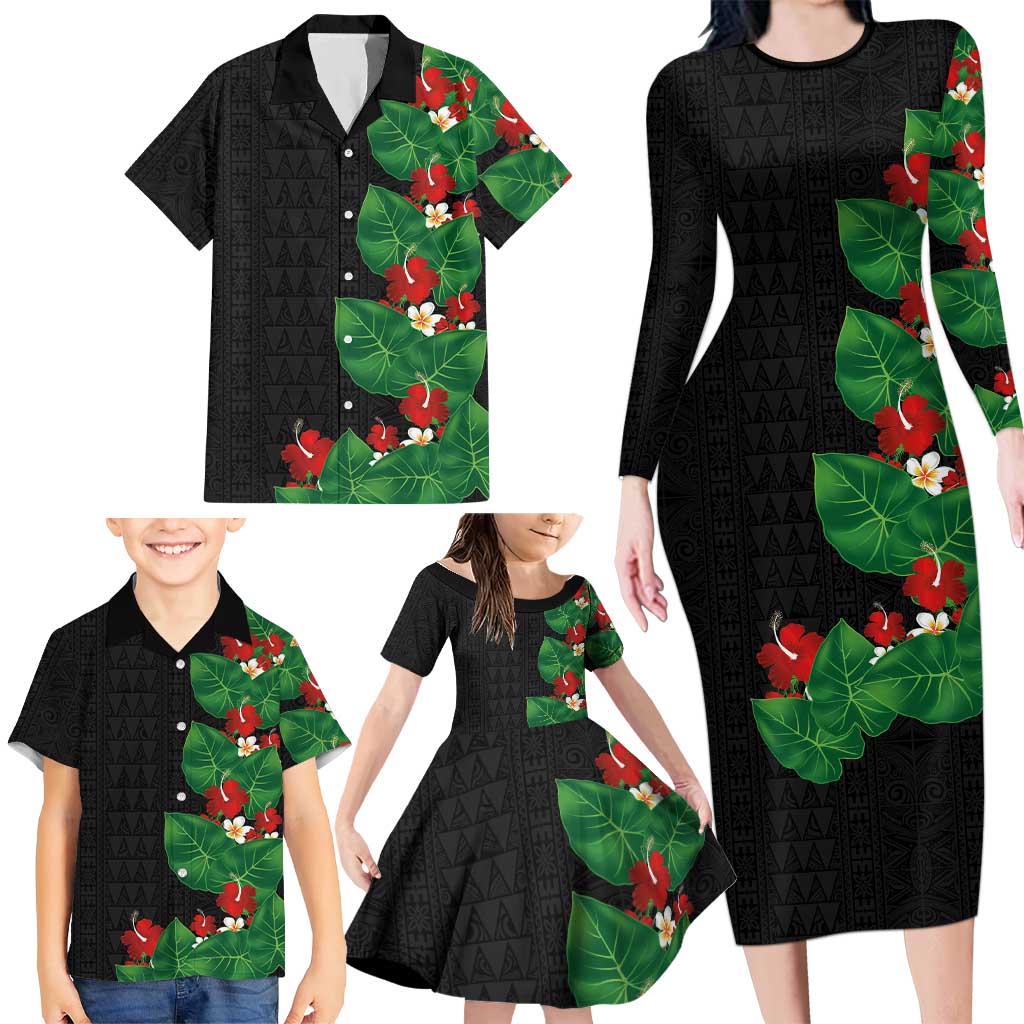 Hawaiian Taro Leaves-Hibiscus and Plumeria Family Matching Long Sleeve Bodycon Dress and Hawaiian Shirt Polynesian Art-Kakau Tattoo Black