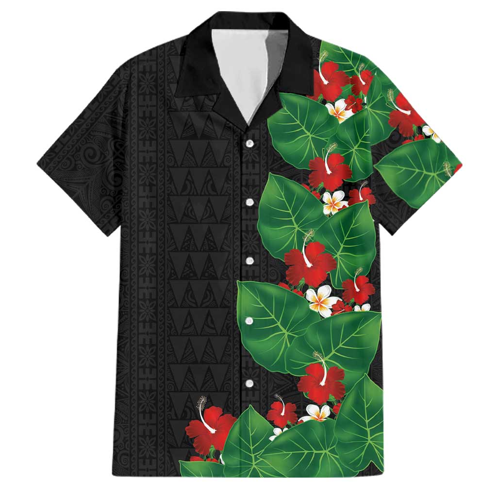 Hawaiian Taro Leaves-Hibiscus and Plumeria Family Matching Mermaid Dress and Hawaiian Shirt Polynesian Art-Kakau Tattoo Black LT03 Dad's Shirt - Short Sleeve Black - Polynesian Pride