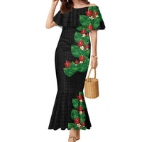 Hawaiian Taro Leaves-Hibiscus and Plumeria Family Matching Mermaid Dress and Hawaiian Shirt Polynesian Art-Kakau Tattoo Black LT03 Mom's Dress Black - Polynesian Pride