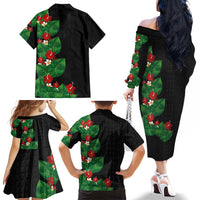 Hawaiian Taro Leaves-Hibiscus and Plumeria Family Matching Off The Shoulder Long Sleeve Dress and Hawaiian Shirt Polynesian Art-Kakau Tattoo Black LT03 - Polynesian Pride