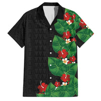Hawaiian Taro Leaves-Hibiscus and Plumeria Family Matching Off Shoulder Short Dress and Hawaiian Shirt Polynesian Art-Kakau Tattoo Black LT03 Dad's Shirt - Short Sleeve Black - Polynesian Pride