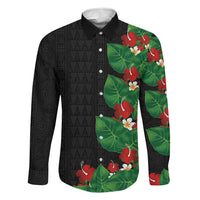 Hawaiian Taro Leaves-Hibiscus and Plumeria Family Matching Off Shoulder Short Dress and Hawaiian Shirt Polynesian Art-Kakau Tattoo Black LT03 Dad's Shirt - Long Sleeve Black - Polynesian Pride