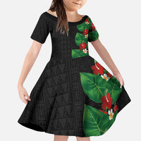 Hawaiian Taro Leaves-Hibiscus and Plumeria Family Matching Puletasi and Hawaiian Shirt Polynesian Art-Kakau Tattoo Black LT03 Daughter's Dress Black - Polynesian Pride
