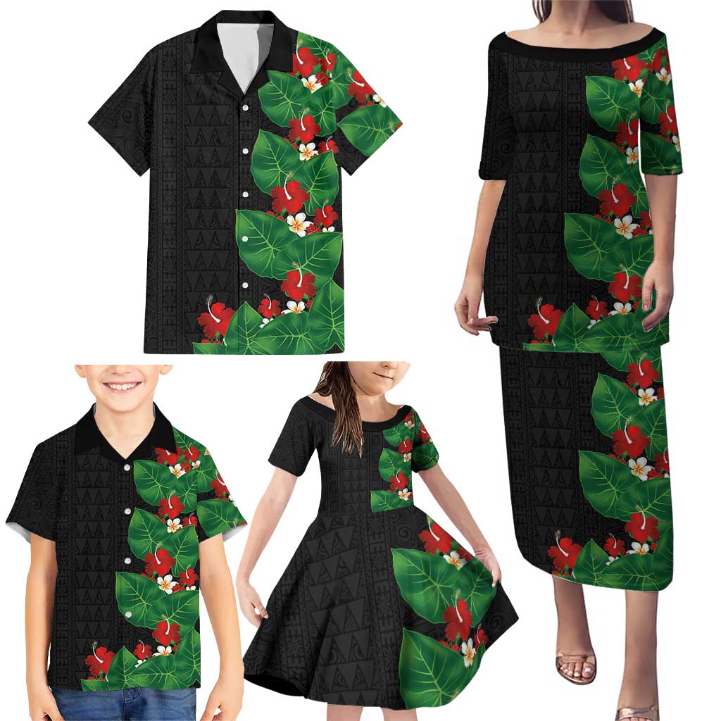 Hawaiian Taro Leaves-Hibiscus and Plumeria Family Matching Puletasi and Hawaiian Shirt Polynesian Art-Kakau Tattoo Black