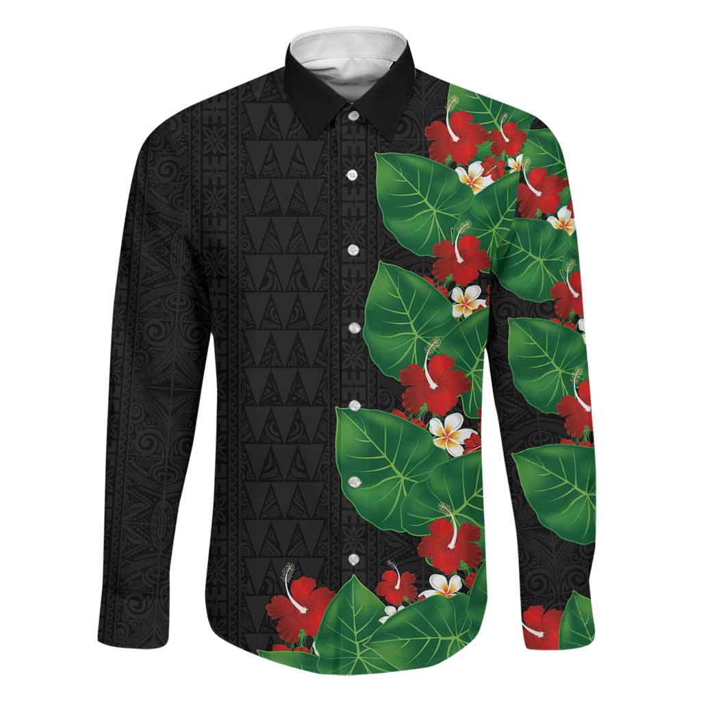 Hawaiian Taro Leaves-Hibiscus and Plumeria Family Matching Summer Maxi Dress and Hawaiian Shirt Polynesian Art-Kakau Tattoo Black LT03 Dad's Shirt - Long Sleeve Black - Polynesian Pride