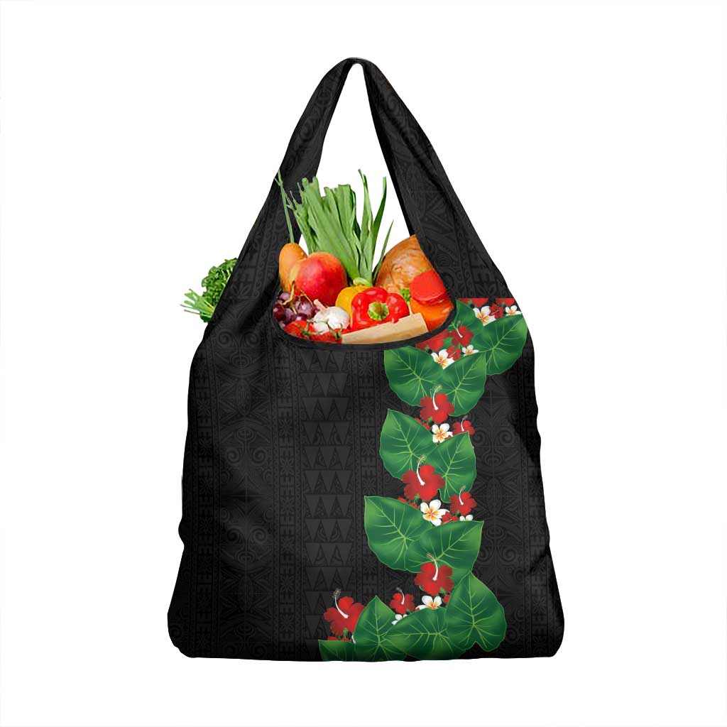 Hawaiian Taro Leaves-Hibiscus and Plumeria Grocery Bag Polynesian Art-Kakau Tattoo Black LT03 1-pack One Size Black - Polynesian Pride