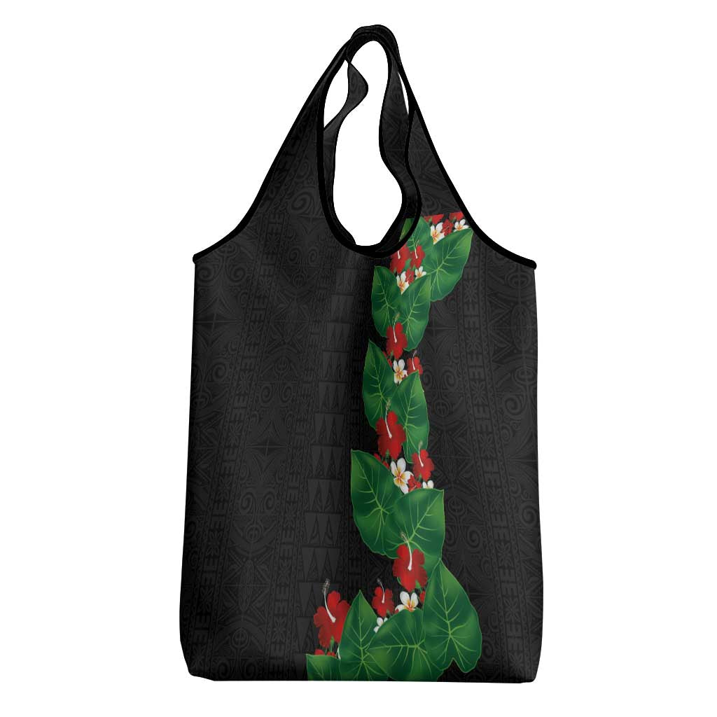 Hawaiian Taro Leaves-Hibiscus and Plumeria Grocery Bag Polynesian Art-Kakau Tattoo Black LT03 - Polynesian Pride