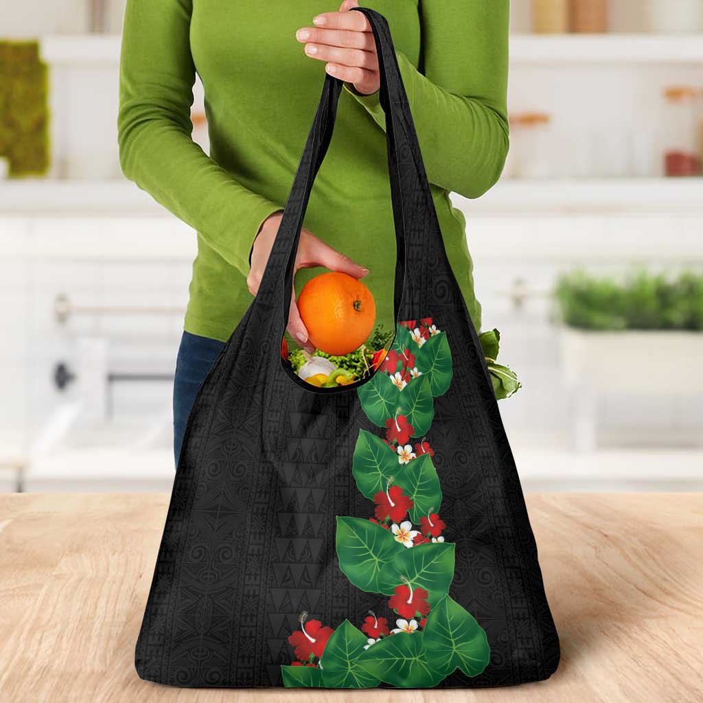 Hawaiian Taro Leaves-Hibiscus and Plumeria Grocery Bag Polynesian Art-Kakau Tattoo Black LT03 - Polynesian Pride