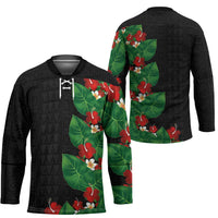 Hawaiian Taro Leaves-Hibiscus and Plumeria Hockey Jersey Polynesian Art-Kakau Tattoo Black LT03 - Polynesian Pride