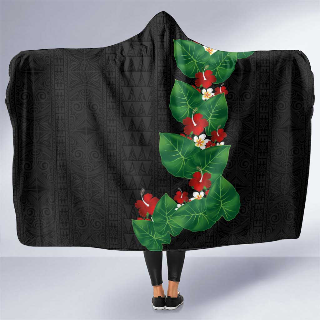 Hawaiian Taro Leaves-Hibiscus and Plumeria Hooded Blanket Polynesian Art-Kakau Tattoo Black LT03 One Size Black - Polynesian Pride