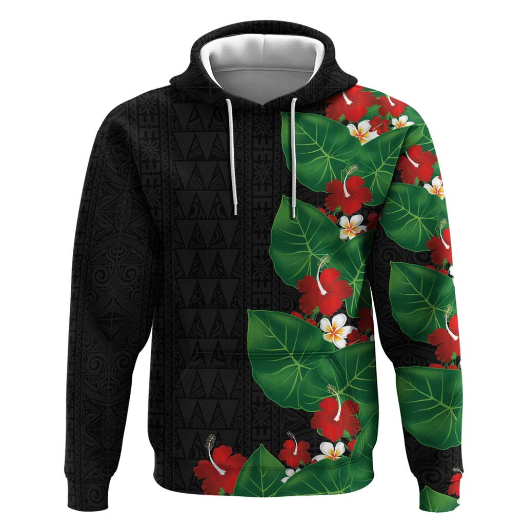 Hawaiian Taro Leaves-Hibiscus and Plumeria Hoodie Polynesian Art-Kakau Tattoo Black