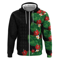 Hawaiian Taro Leaves-Hibiscus and Plumeria Hoodie Polynesian Art-Kakau Tattoo Black LT03 Zip Hoodie Black - Polynesian Pride