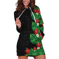 Hawaiian Taro Leaves-Hibiscus and Plumeria Hoodie Dress Polynesian Art-Kakau Tattoo Black LT03 Black - Polynesian Pride