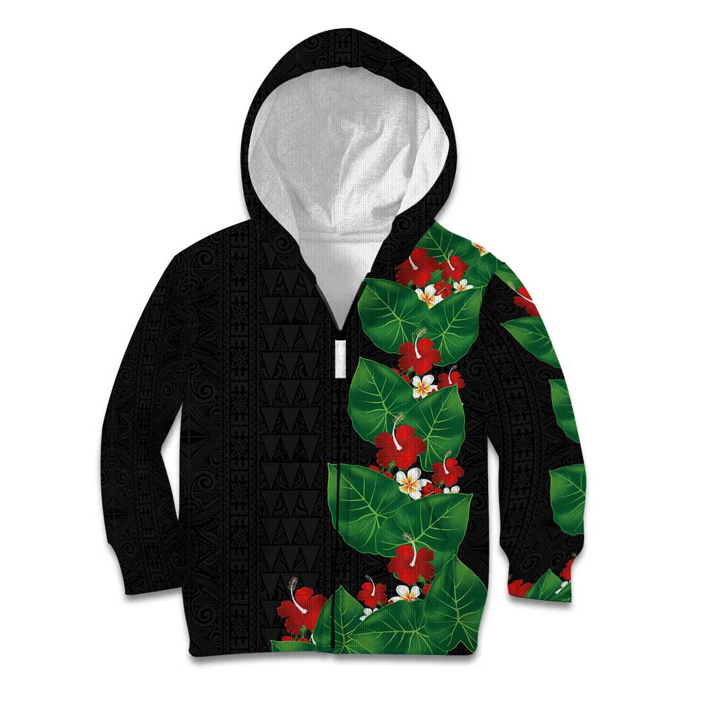 Hawaiian Taro Leaves-Hibiscus and Plumeria Kid Hoodie Polynesian Art-Kakau Tattoo Black LT03 Zip Hoodie Black - Polynesian Pride