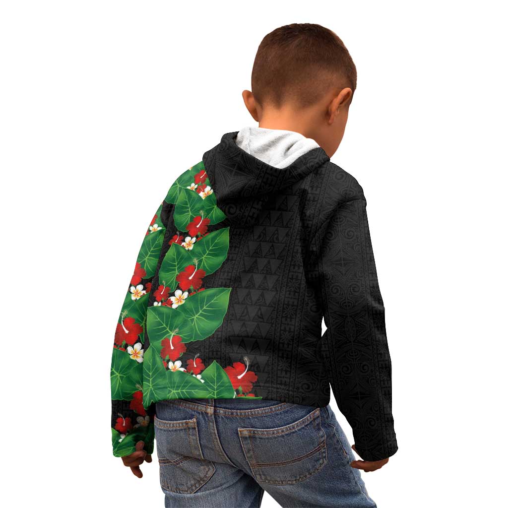 Hawaiian Taro Leaves-Hibiscus and Plumeria Kid Hoodie Polynesian Art-Kakau Tattoo Black LT03 - Polynesian Pride
