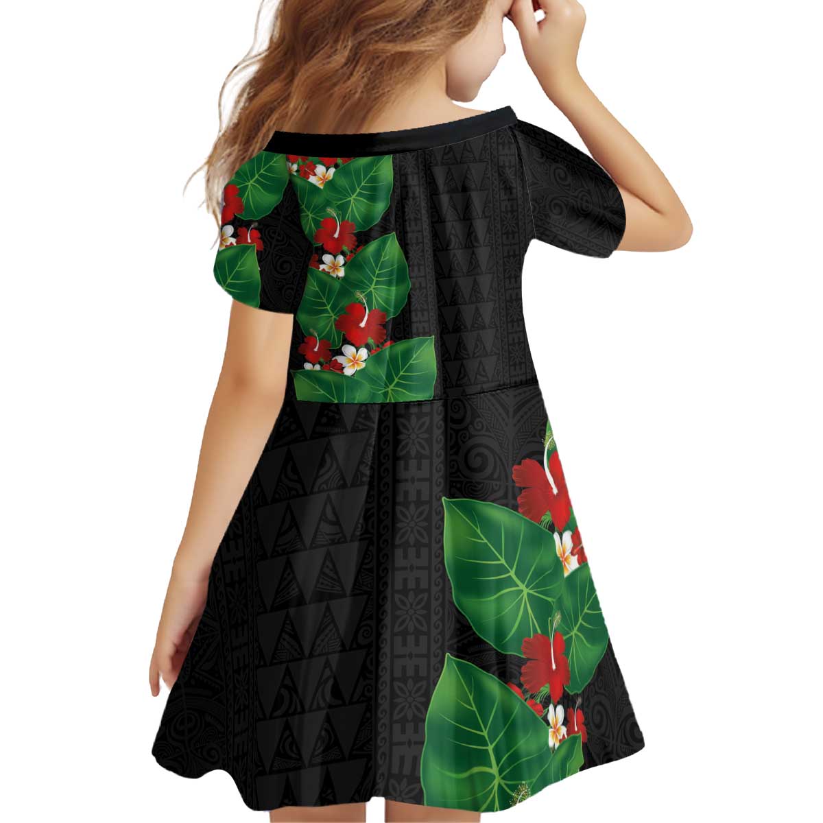 Hawaiian Taro Leaves-Hibiscus and Plumeria Kid Short Sleeve Dress Polynesian Art-Kakau Tattoo Black LT03 - Polynesian Pride