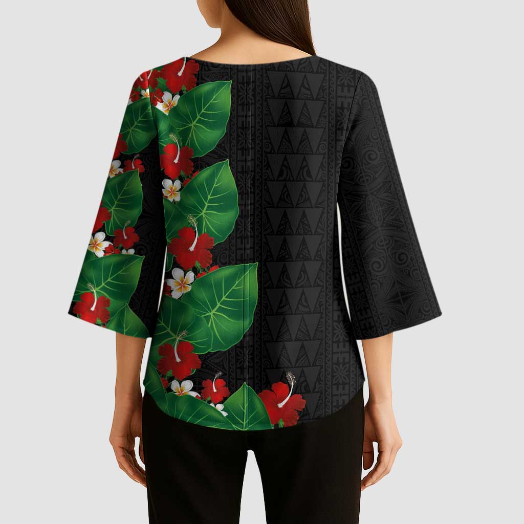 Hawaiian Taro Leaves-Hibiscus and Plumeria Kimono Sleeve Blouse Polynesian Art-Kakau Tattoo Black LT03 - Polynesian Pride
