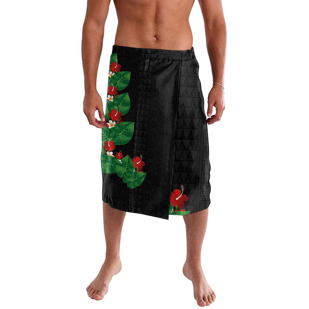 Hawaiian Taro Leaves-Hibiscus and Plumeria Lavalava Polynesian Art-Kakau Tattoo Black