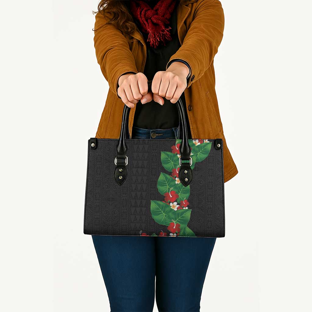 Hawaiian Taro Leaves-Hibiscus and Plumeria Leather Bag Polynesian Art-Kakau Tattoo Black LT03 - Polynesian Pride